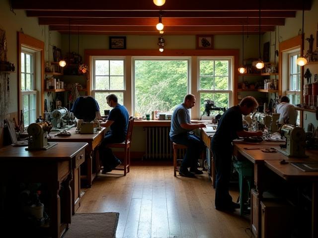 Historic founders working in a wood-floored workshop in Seattle
