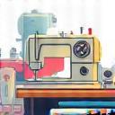 Icon representing wholesale garment manufacturing with sewing machine and fabric rolls