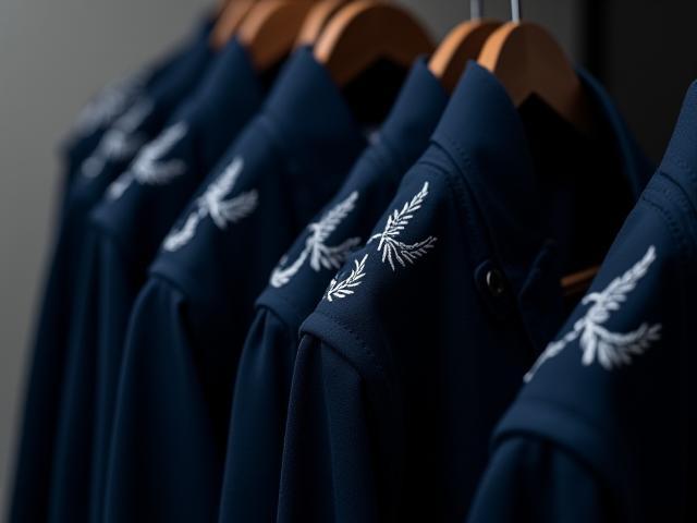 Close-up of custom embroidered jackets for Seattle Coffee Co.