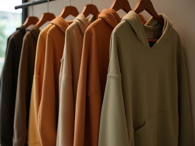 Collection of earth tone retail hoodies on wooden hangers