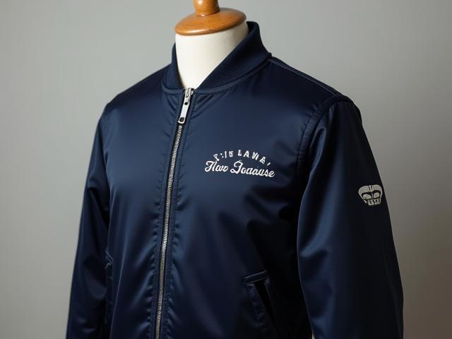 Custom designed navy bomber jacket with embroidered logo