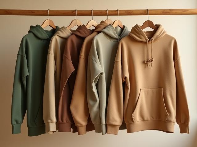 Collection of retail hoodies in earth tone colors displayed on wooden rack